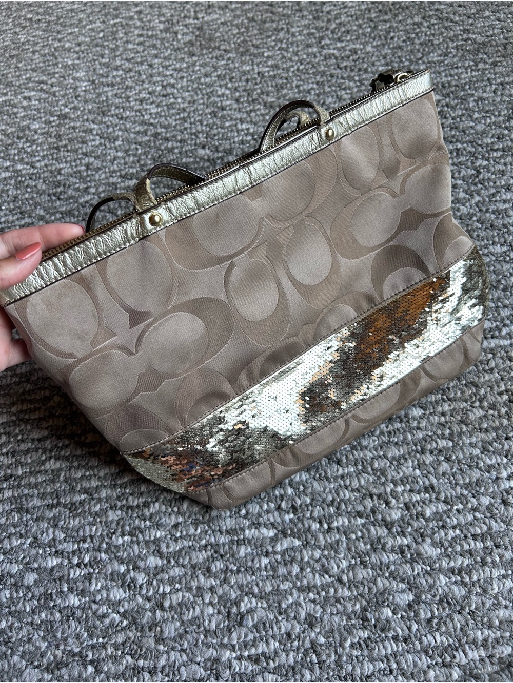 Coach Taupe Signature Tote with Gold Sequin Band